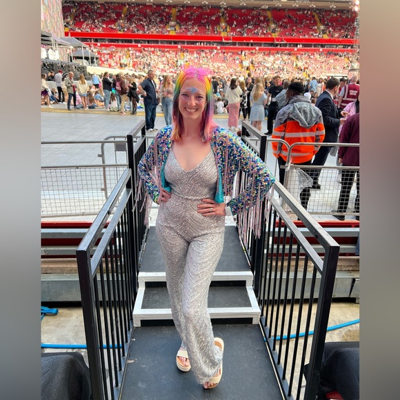 Lulus Outstanding Glow Silver Sequin Sleeveless Straight Leg Jumpsuit Small - Picture 14 of 16